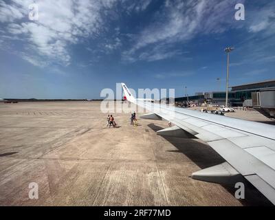 Spanien. 30. Juli 2023. Billigfluggesellschaft Ryanair auf einem Flug zwischen dem Flughafen Mahon, Menorca, Spanien und dem Flughafen Toulouse Blagnac am 30. Juli 2023. Foto: Marie Hubert Psaila/ABACAPRESS.COM Kredit: Abaca Press/Alamy Live News Stockfoto