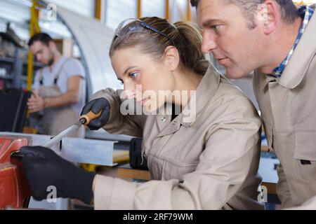 Mechanikerin und Mann, der in der Nähe eines Flugzeugs im Hangar arbeitet Stockfoto