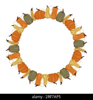 Vektorrahmen mit grünen, grauen, orangefarbenen und gelben Kürbissen und Platzierung für Text. Thanksgiving-Vorlage mit Gemüse und Kopierbereich. Farmgrenze Stock Vektor