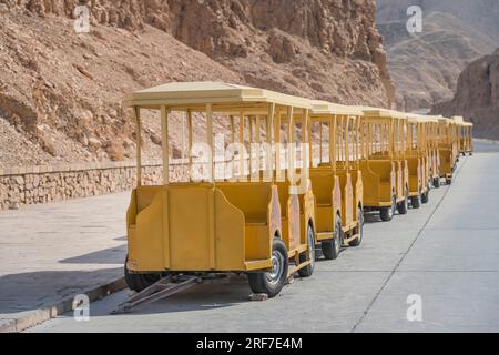 Leere Trolleys warten auf Touristen, Tal der Könige, Theben-West, Ägypten Stockfoto