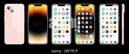 Das neue pinkfarbene iPhone 14. Apple inc. Smartphone mit ios 14. Gesperrter Bildschirm, Navigationsseite des Telefons, Startseite mit 47 beliebten Apps. Schwarzer Hintergrund. Editori Stock Vektor