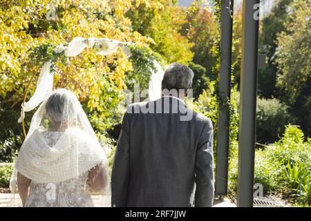 Rückansicht einer glücklichen älteren birassischen Braut und Bräutigam, die bei der sonnigen Hochzeitszeremonie im Freien Händchen halten Stockfoto