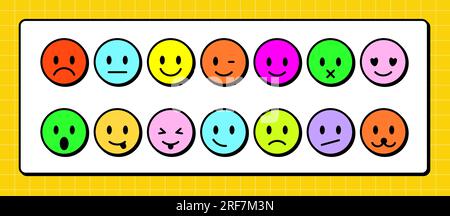 Neubrutalismus Emoticon Smile Symbolset. Cartoon Neobrutalismus Emoji - traurig, lächeln, Liebe, beängstigend, etc Auffällige Ästhetik in trendigem, hellen Stil - Kontrast Stock Vektor