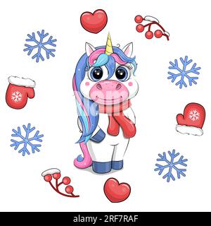 Süßes Cartoon-Einhorn mit rotem Schal in einem Winterrahmen. Weihnachtstier-Vektorbild mit roten Fäustlingen, Herzen, Beeren, blauen Schneeflocken. Stock Vektor