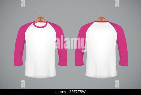 Langärmeliges Baseballshirt für Herren mit schmaler Passform und Holzbügel. Rosafarbene Entwurfsvorlage für Branding. Stock Vektor
