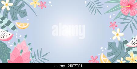 Sommerhintergrund mit Blumen und Blättern, Hibiskus und Plumeria. Handgezeichnete, farbenfrohe, trendige Vektordarstellung Stock Vektor