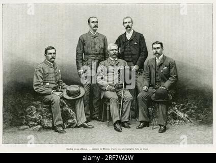 Portrait de Henry Morton Stanley ( ne John Rowlands 1841-1904) Entoure de ses officiers, a partir de la Gauche : Dr. Thomas Heazle Parke ( 1857-1893), Robert H. Nelson, William G. stairs, et Arthur J. M. Jephson. Gravure de Thiriat, pour Illustrator le recit Dans les tenebres de l'Afrique, recherche decouverte et retraite d'Emin Pacha, en 1887-1889, par Henry Stanley, in le Tour du Monde 1890, sous la direction d'Edouard Charton ( 1807-1890), Hachette, Paris. Stockfoto