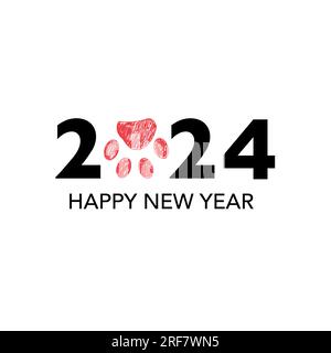 2024-Text mit rotem Pfotenmuster. Frohes neues Jahr und frohe Weihnachtsgrüßkarte Stock Vektor