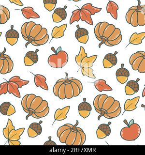 Natürliches Nahtmuster im Herbst. Hintergrund mit Ahornblättern, Eicheln, Äpfeln und Kürbissen. Saisonaler Herbstdruck für Textilien, Tapeten und Stoffe Stock Vektor