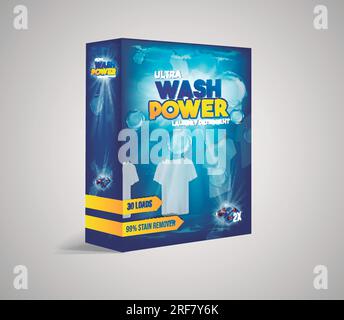 Waschmittelbox Zusatz. Weiße Kleidung zum Trocknen mit Blasen. Design der Produktverpackung. Stock Vektor