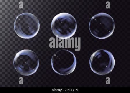 Realistische transparente Seifenblase auf schwarzem Hintergrund. Seifenblasen-Set mit Blenden. Vektor der Blasendarstellung. Stock Vektor