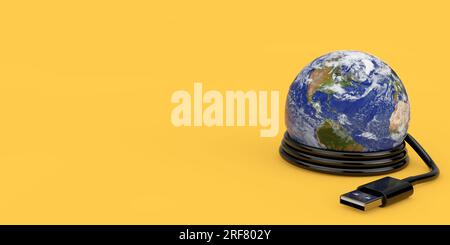 Planete Earth World Globe mit USB-Kabel auf gelbem Hintergrund. Elemente dieses Bildes, bereitgestellt von der NASA. 3D-Rendering Stockfoto
