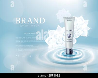 Feuchtigkeitsspendende Rosen-/Kamelienblüten-Kosmetikhaut in Röhrenwerbung Vorlage für Werbung, kosmetisches Modell auf Wasser und isoliert. Stock Vektor