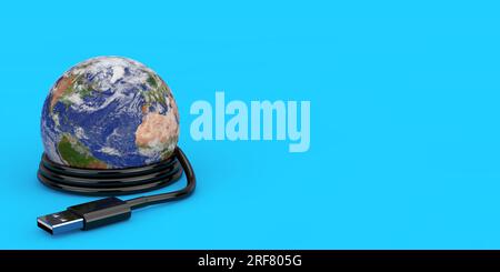 Planete Earth World Globe mit USB-Kabel auf blauem Hintergrund. Elemente dieses Bildes, bereitgestellt von der NASA. 3D-Rendering Stockfoto