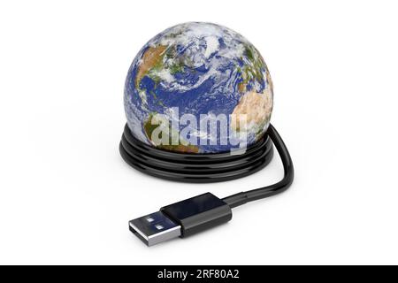 Planete Earth World Globe mit USB-Kabel auf weißem Hintergrund. Elemente dieses Bildes, bereitgestellt von der NASA. 3D-Rendering Stockfoto