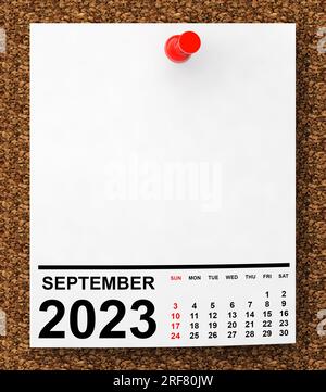 Kalender September 2023 auf leerem Notizpapier mit freiem Platz für Ihren Text. 3D-Rendering Stockfoto