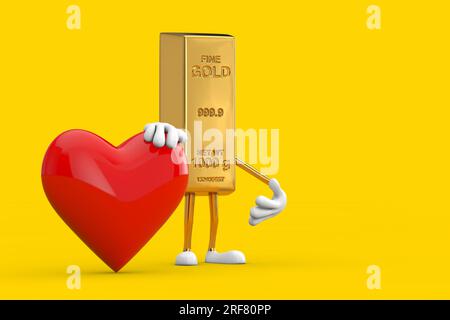 Goldenes Maskottchen mit Figur und rotem Herz auf gelbem Hintergrund. 3D-Rendering Stockfoto