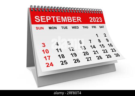 September-Kalender für 2023 Jahre auf weißem Hintergrund. 3D-Rendering Stockfoto