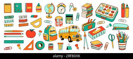 Große Auswahl an Schreibwaren für die Schule. Back to School Education Cartoon-Kollektion im Doodle Retro-Stil. Kühne, leuchtende Tasche, Bus, Buch, Kugel. Vektor Stock Vektor