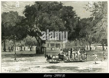 Straßenbahn, Tire par des chevaux, dans le Port de para (Bresil), sur le largo du Nazareth. Gravure de Vignal, pour Illustrator le recit 'Amazone et cordilleres', 1879-1882, par Charles Wiener (1851-1919) Diplomate et geographe Allemand. Publie dans le Tour du Monde, 2eme. Halbjahr 1883, sous la Direction de Edouard Charton (1807-1890) , Ausgabe Hachette, Paris. Stockfoto