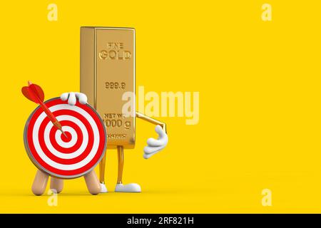 Golden Bar Cartoon Person Maskottchen mit Bogenschießen und Dart in der Mitte auf gelbem Hintergrund. 3D-Rendering Stockfoto