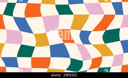 Grooviger, karierter, farbenfroher Hintergrund. Abstraktes, verdrehtes Schachbrett-Retro-Vektormuster. Vintage-Trippie-Design im Hippie-Stil der 70er bis 80er Jahre. Psychedelisch Stock Vektor