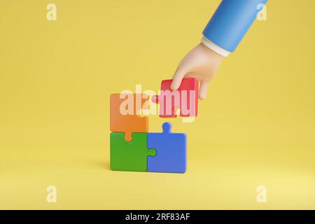 Zeichentrickhand legt ein rotes Puzzleteil isoliert auf gelbem Hintergrund ab. 3D Abbildung. Stockfoto