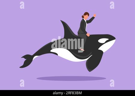 Eine mutige Geschäftsfrau, die auf einem gefährlichen Orca reitet. Weiblicher Charakter einer professionellen Unternehmerin. Süße erfolgreiche Geschäftsfrau. Bus Stockfoto