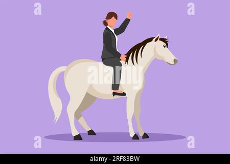 Eine flache Zeichentrickfigur, die Geschäftsfrau, die auf einem Pferd reitet, als Symbol des Erfolgs. Geschäftsmetapher, Betrachtung des Ziels, der Leistung, der Führung. Professionell Stockfoto