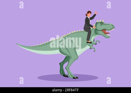 Cartoon-Flach-Stil, mutige Geschäftsfrau, die auf einem riesigen gefährlichen Tyrannosaurus reitet. Süße professionelle Unternehmercharaktere kämpfen mit Raubtieren. Busi Stockfoto