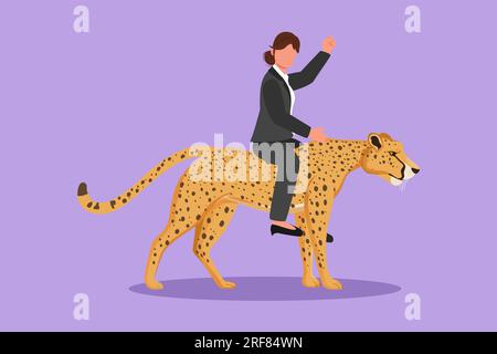 Eine flache Zeichentrickfigur, die eine Geschäftsfrau auf einem Gepard zeichnet, ein Symbol des Erfolgs. Geschäftsmetapher und Markenkonzept des Unternehmens, Betrachtung des Ziels, Erreichtes Stockfoto