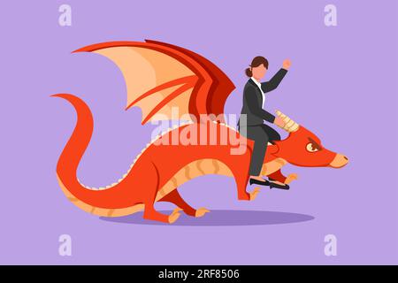 Eine flache Zeichentrickzeichnung einer mutigen Geschäftsfrau, die auf einem Drachen reitet. Widrigkeiten überwinden, Mut, Sieg, Führung. Professioneller Unternehmer. Busi Stockfoto