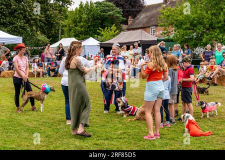 Eine Rosette wird dem Gewinnerhund und Besitzer bei der Fairwarp Fete Dog Show, Fairwarp, East Sussex, Großbritannien, gegeben Stockfoto