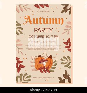 Design der Herbstparty-Postervorlage. Rahmen mit verschiedenen Blättern Äste, Kürbisse und Pilzfliegen Agaric, Kopierraum. Einladung zur Veranstaltung für den Club Stock Vektor