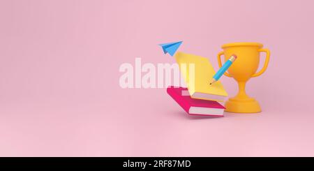 Bücher, Bleistift, Luftdruckpapier und Trophäen auf pinkfarbenem Hintergrund. Back-to-School-Konzept. 3D-Rendering. Stockfoto