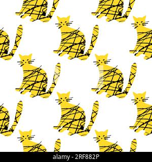 Seamless pattern with textured cute cat illustration yellow color on white background Stock Vektor