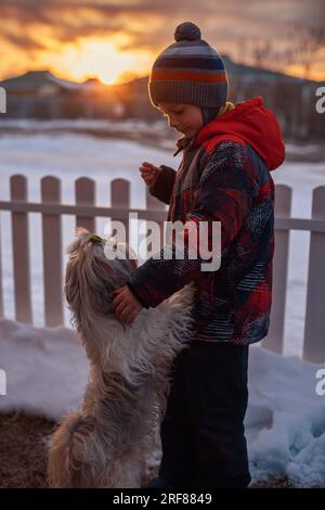 Kind mit Shih-Tzu-Hund am Zaun bei Sonnenuntergang im Winter Stockfoto