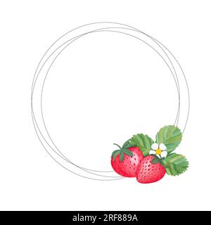 Rahmen und Kranz in kräftigem Erdbeerdesign in Aquarellfarben. Leuchtend rote Beeren süße Erdbeere. botanische Illustration. Für Packungen, Karten, Logo. Sommerspeise Stockfoto