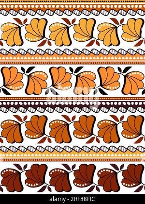 Afrikanisches Wachs oder Ankara-Vektormuster, Batic-Textildesign mit Blüten in Gelb, Orange, Rot und Braun Stock Vektor