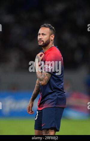 Tokio, Japan. 1. Aug. 2023. Paris Saint-Germain's Neymar reagiert nach dem Freundschaftsspiel zwischen dem FC Paris Saint-Germain und dem FC Inter Mailand im Japan National Stadium in Tokio, Japan, am 1. August 2023. Kredit: Zhang Xiaoyu/Xinhua/Alamy Live News Stockfoto