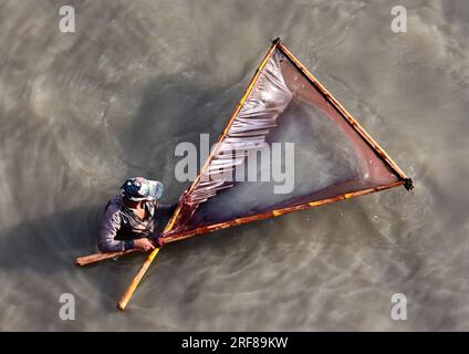 30. Juli 2023, Chittagong, Fluss Karnaphuli, Bangladesch: 1. August, 2023. Chittagong, Bangladesch: Im Gebiet Kalurghat des Flusses Karnaphuli in Bangladesch sammeln die Fischer Garnelenbraten in handgefertigten Netzen. ... Das Ernten von Garnelen ist nach dem Fischereigesetz verboten. Trotz des illegalen Abbaus und Verkaufs von Braten... Nach Ansicht von Fischerei- und Zoologieexperten gefährdet die Nutzung von Garnelenbrut auf diese Weise die biologische Vielfalt. Weil im Küstengebiet andere Arten von Braten durch die Sammler starben. (Bild: © Mohammed Shajahan/ZUMA Pres Stockfoto