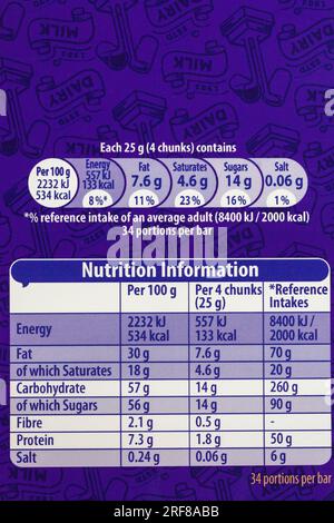 Nährwertangaben auf dem großen 850g Cadbury Dairy Milk Chocolate Riegel Stockfoto