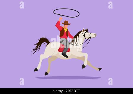Flaches Grafikdesign mit stilisierten Cowboys auf Pferden, die über staubiges Feld galoppieren. Ein glücklicher Cowboy auf einem Pferdchen, der mit Lasso läuft. Cowboy mit Seil Stockfoto