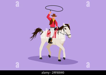 Flacher Cowboy im Stile mit Seil-Lasso auf dem Pferd. Starker amerikanischer Cowboy reitet und wirft Lasso. Ein Cowboy auf einem Pferderenner Stockfoto