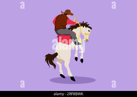 Cartoon flacher Stil mit stilisierten Cowboys, die beim Rodeo Wildpferde zähmen. Starker und tapferer Cowboy auf wildem Pferdemustang. Rodeo Cowboy reitet Wildpferd Stockfoto