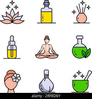 Ayurveda-Farbsymbole eingestellt. Einfache Piktogrammvektordarstellung ayurvedische Sammlung mit Symbolen der gesunden Alternativmedizin. Stock Vektor