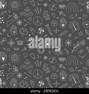 Hippie-Hintergrund Nahtloses Muster Doodle-Stil-Hintergrund für Partydekoration Weißes Umriss-Design handgezeichnete Vektorgrafik Stock Vektor