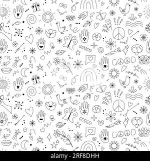 Hippie-Hintergrund Nahtloses Muster Doodle-Stil Hintergrund für Partydekoration Schwarzes Umriss-Design Handgemalte Vektorzeichnung isoliert Stock Vektor