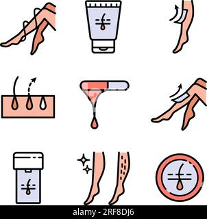 Farbsymbole für Haarentfernung eingestellt. Konturvektor des Symbols für die Wachstherapie. Schönheitskosmetik Stock Vektor