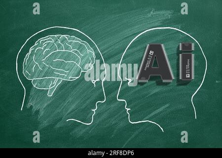 Menschliche Intelligenz vs. Künstliche Intelligenz. Von Angesicht zu Angesicht. Duell der Ansichten. Handgezeichnete Illustration auf einer Schultafel. Stockfoto